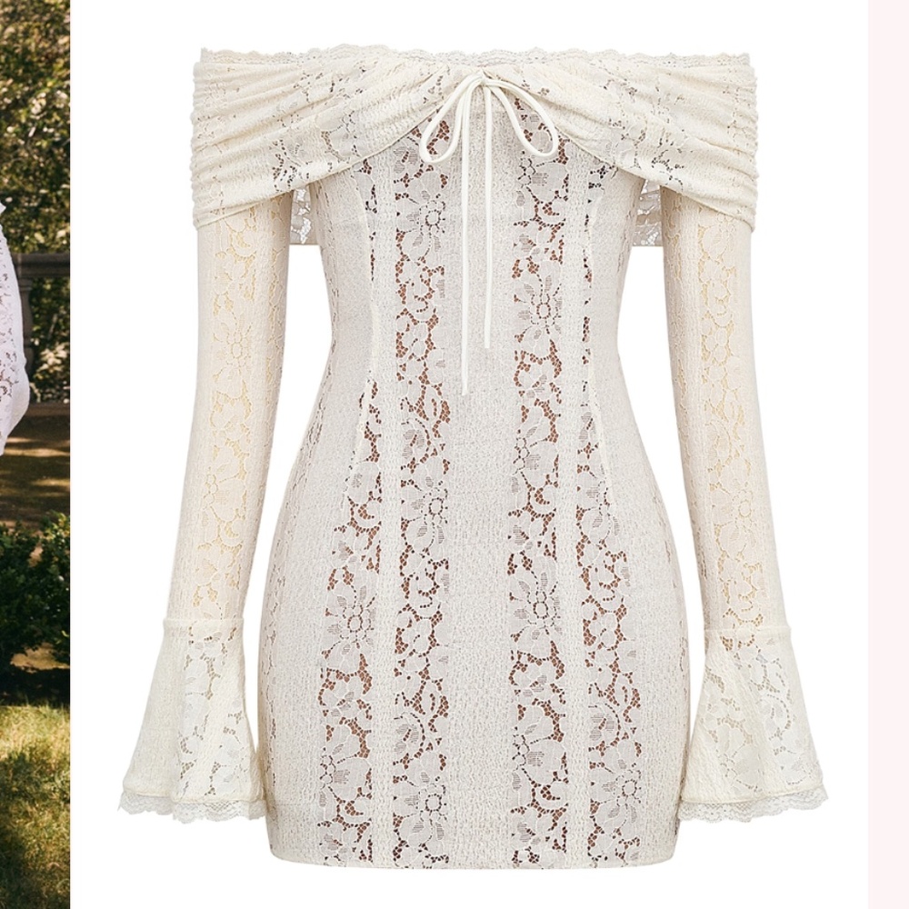 House of CB Sadie Vintage Cream Floral Lace Off Shoulder Mini Dress NWOT‎ size L - Picture 8 of 16